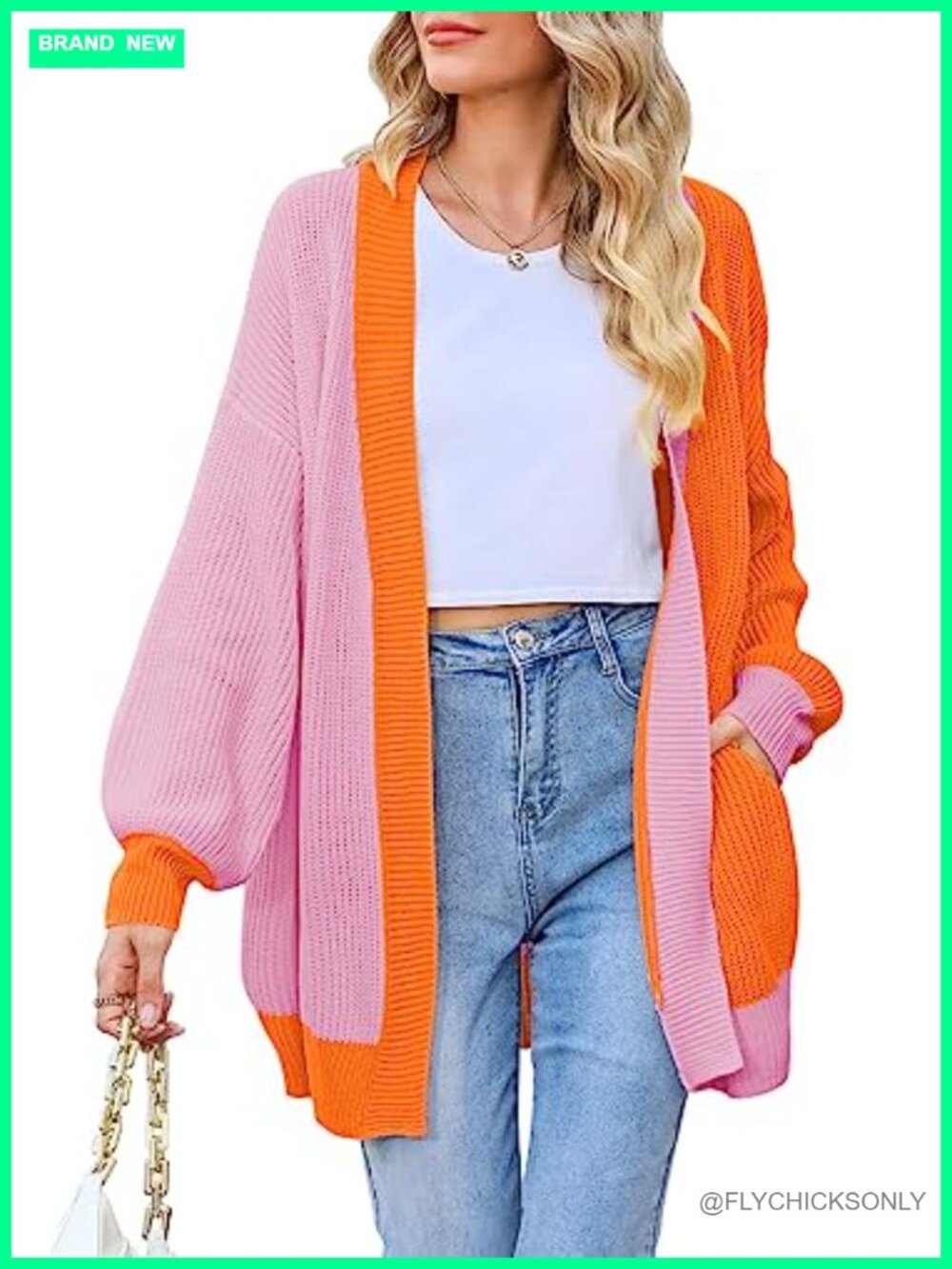 Oversized Ribbed Knit Cardigan with Pockets Open Front Batwing Sleeve